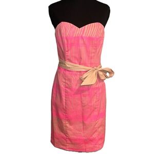 H&M Neon Pink and Khaki Strapless Mini Dress with‎ Bow Size 8